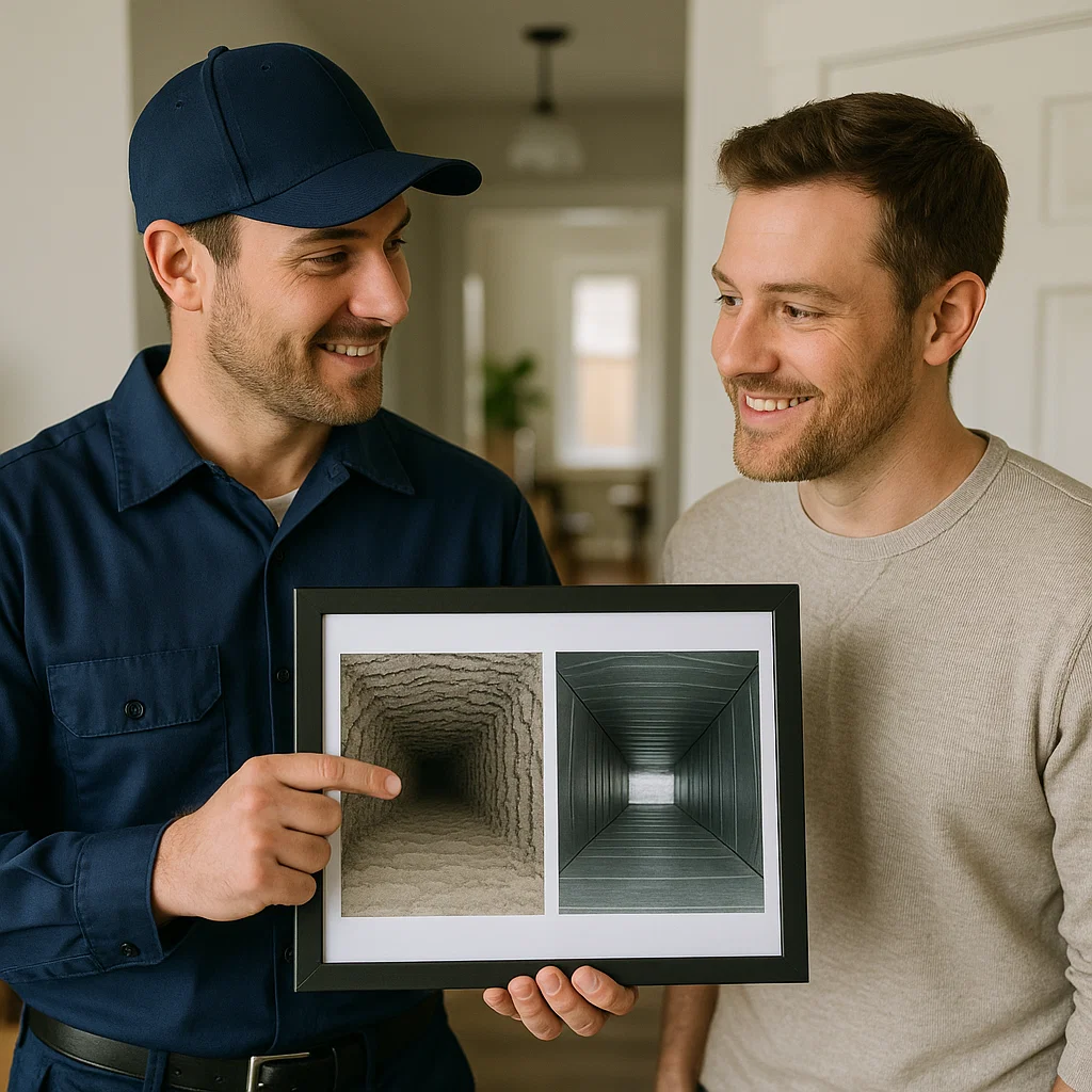 Precision air duct restoration in Manvel TX using truck-mounted systems, rotary brushing, and antimicrobial treatment.